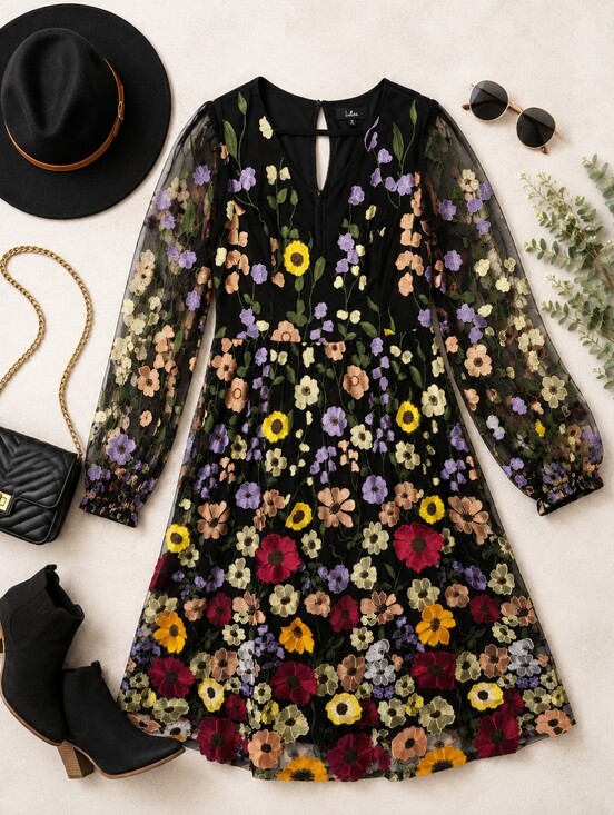 Lulus Dresses & Skirts - Lulus NWOT Sheer Black 3D VIBRANT Floral Fantasy Embroidered MIDI Dress. XL